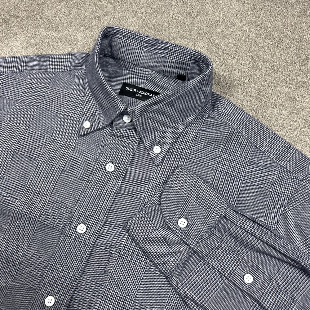 Spier & Mackay Mens Button Down Shirt 15.5 Navy Plaid Houndstooth Cotton 34/35